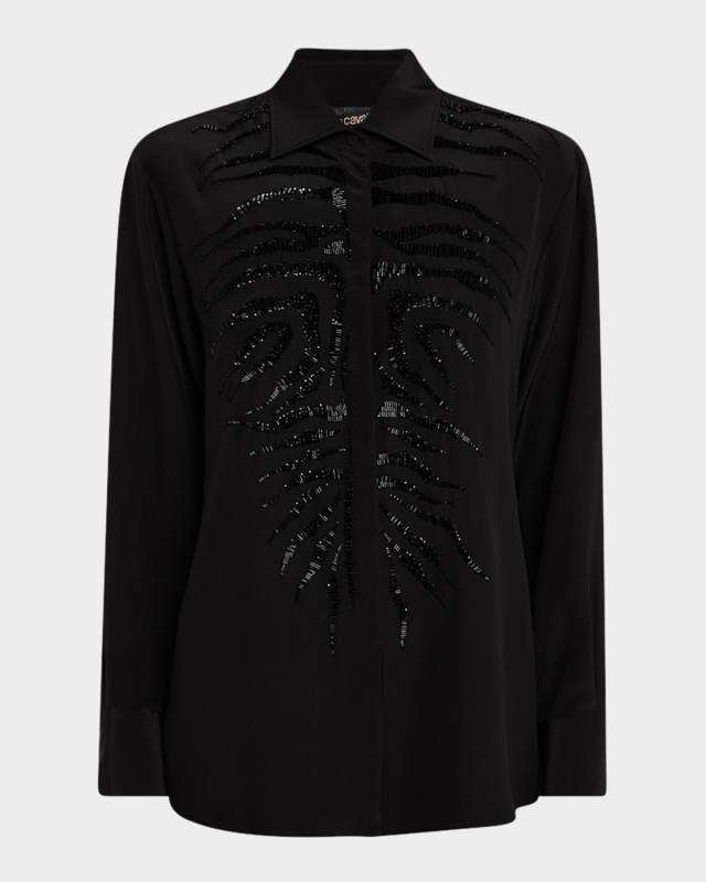 Tiger Beaded Silk Button-Down Shirt